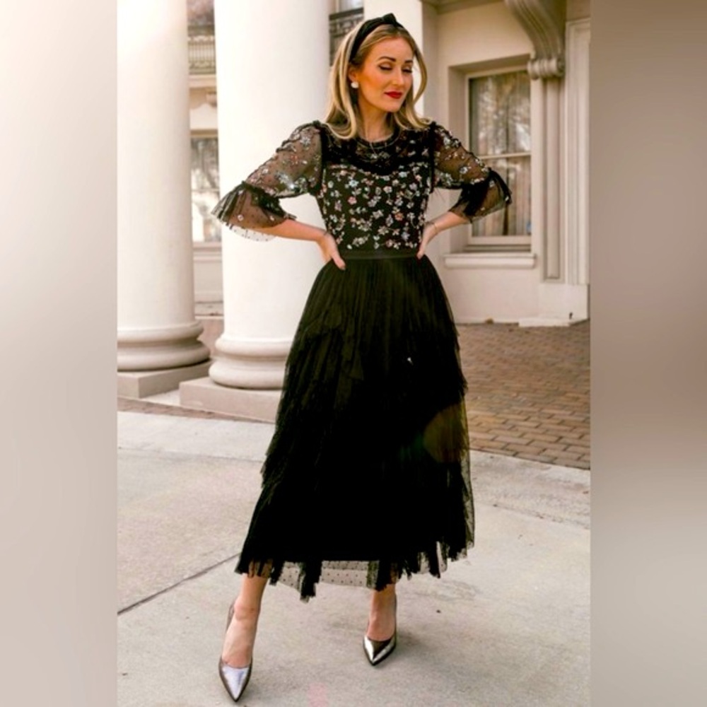Ivy City Co. Paris Tulle Dress in Black with Floral Embroidery